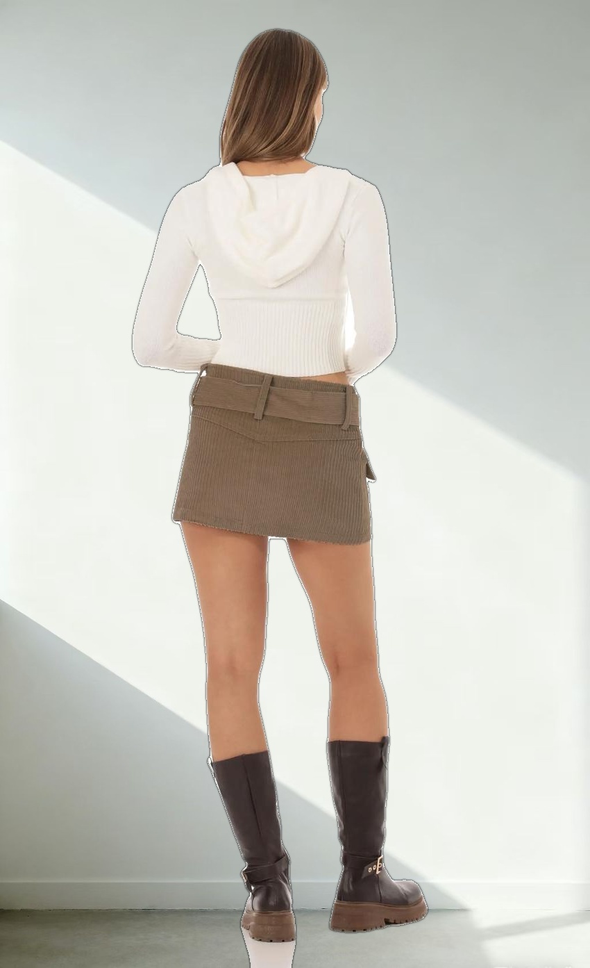 Corduroy Cargo Buckle Skirt in Brown