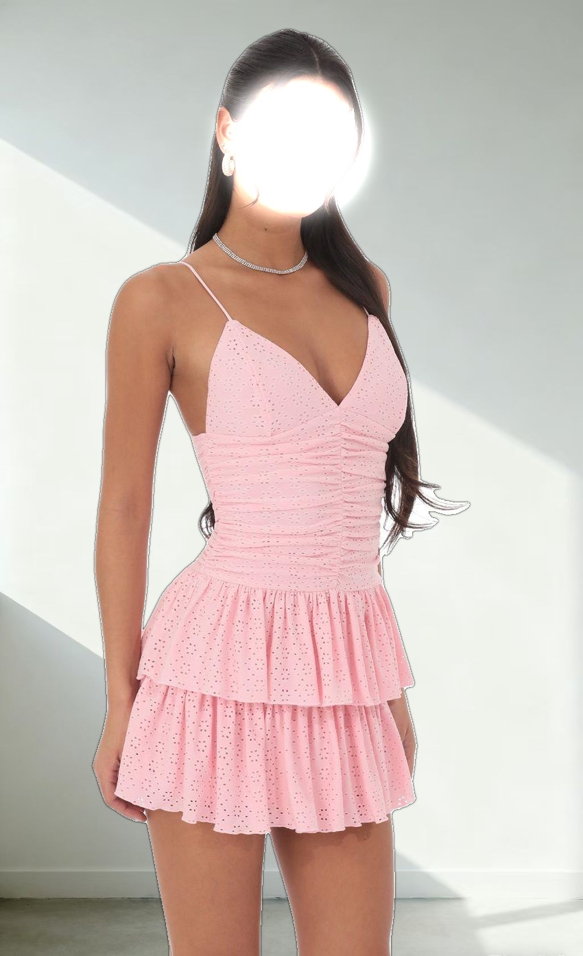 Ruched Ruffle Eyelet Dress in Pink