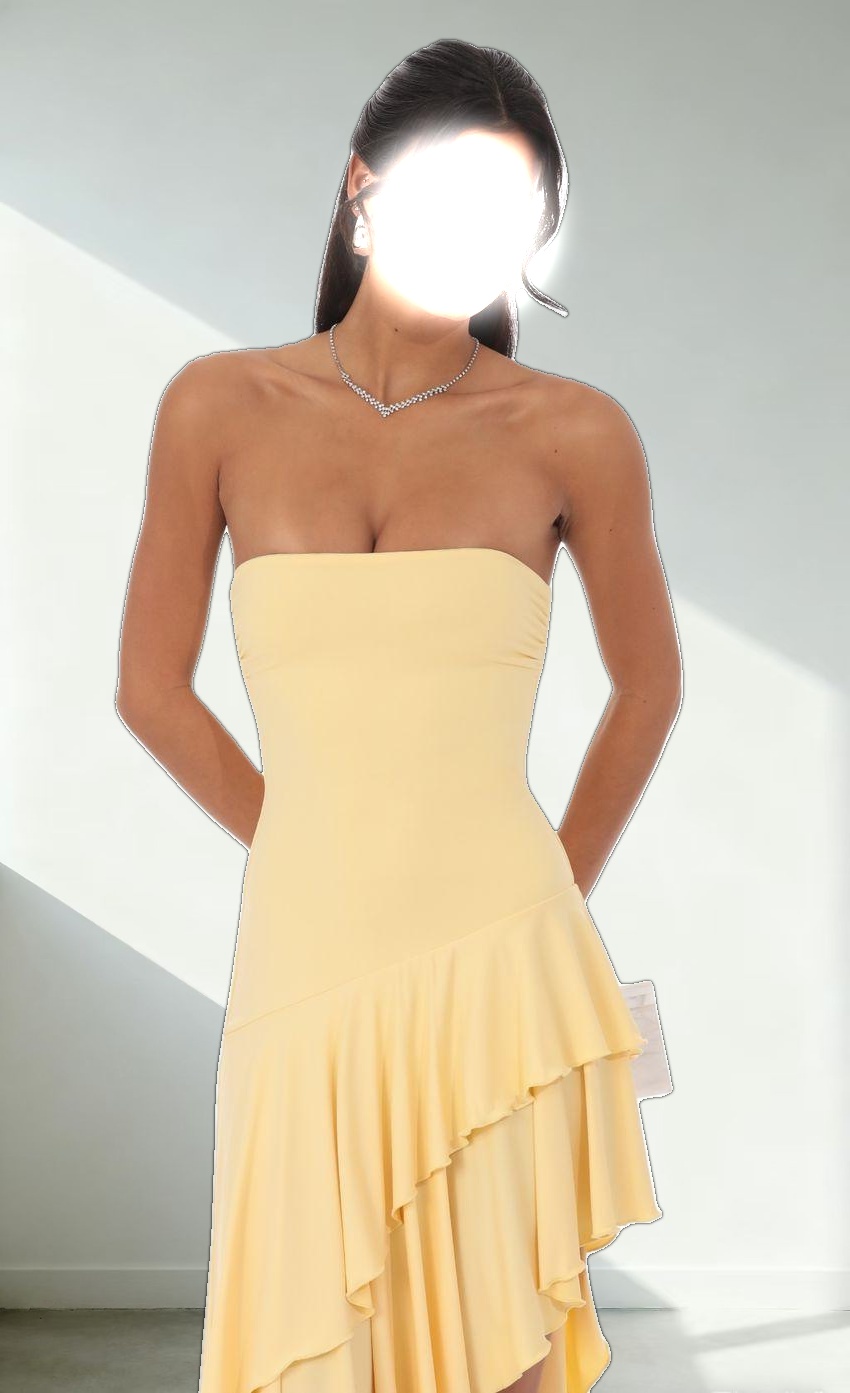 Strapless Ruffle Asymmetrical Maxi Dress in Yellow