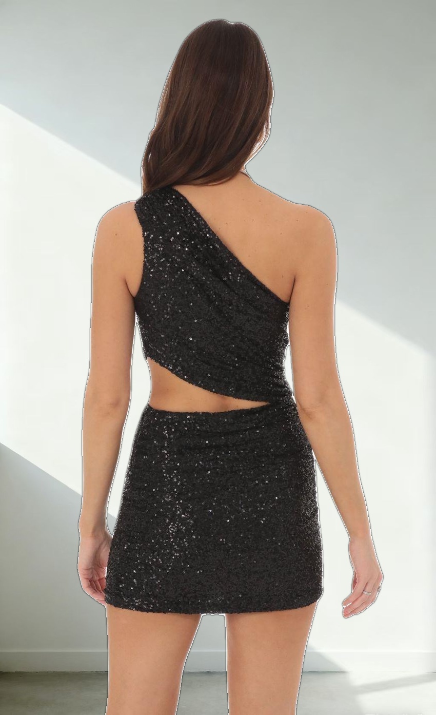 Sequin One Shoulder Cutout Dress in Black
