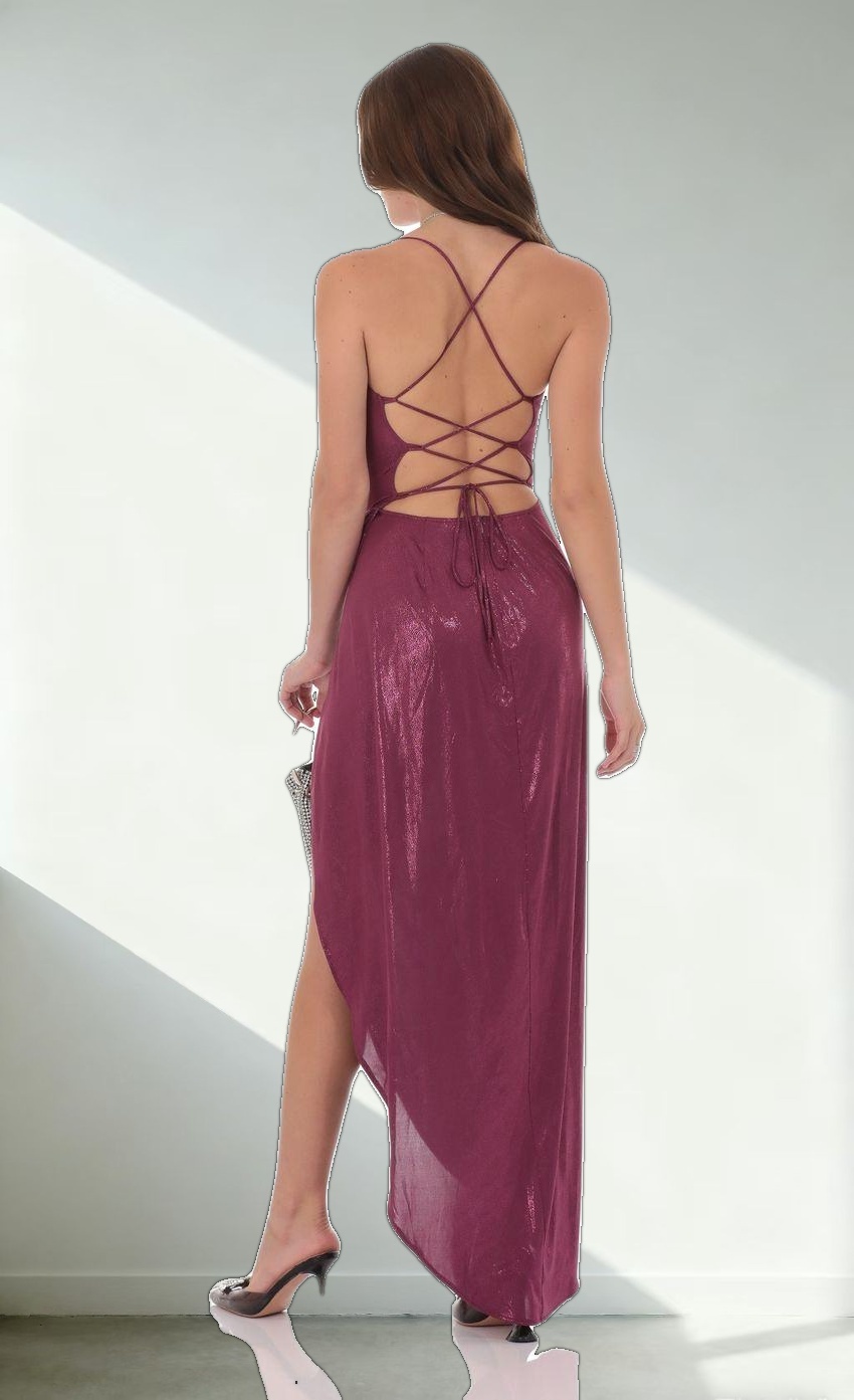 Foiled Asymmetrical Maxi Dress in Plum