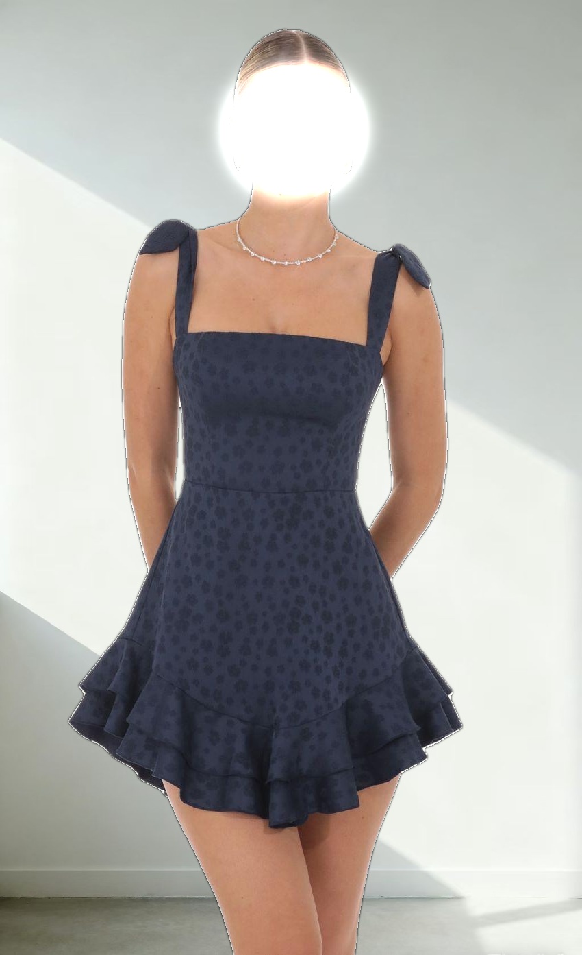 Floral Jacquard Ruffle A-line Dress in Navy
