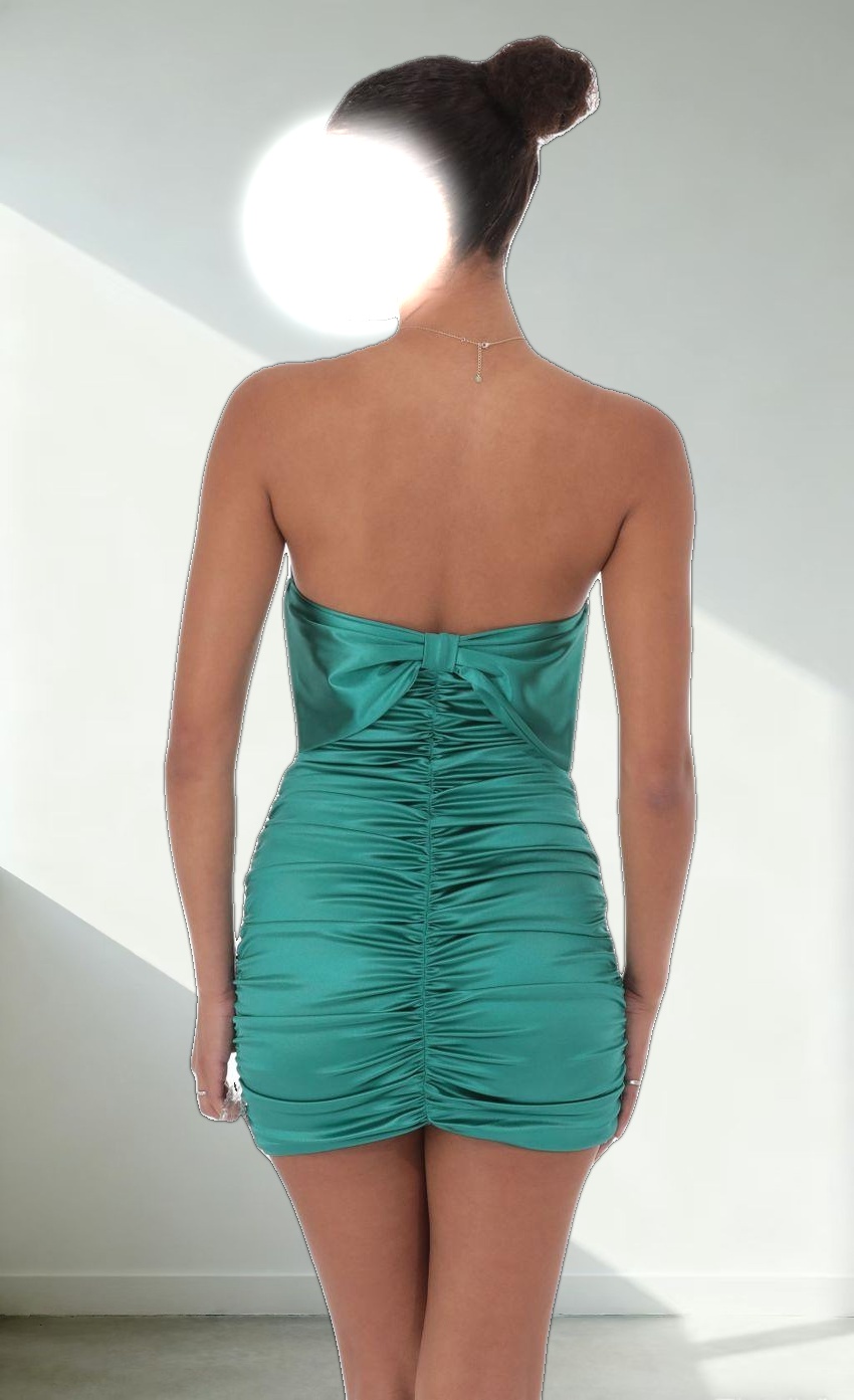 Satin Ruched Back Bow Dress in Jungle Green