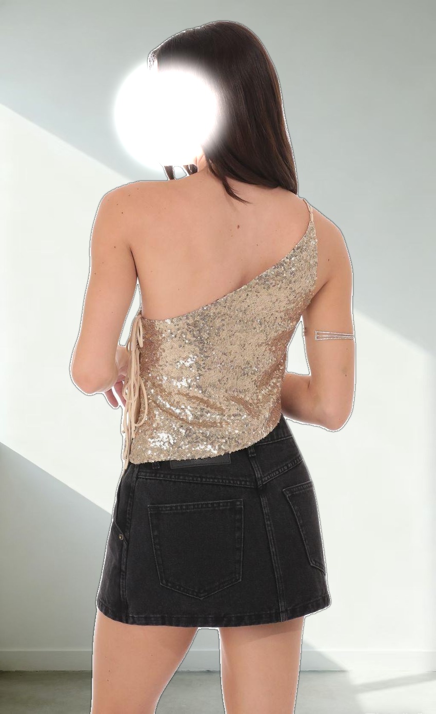 One Shoulder Sequin Top in Gold