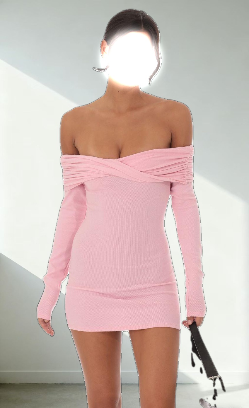 Twist Ribbed Off Shoulder Sweater Dress in Pink