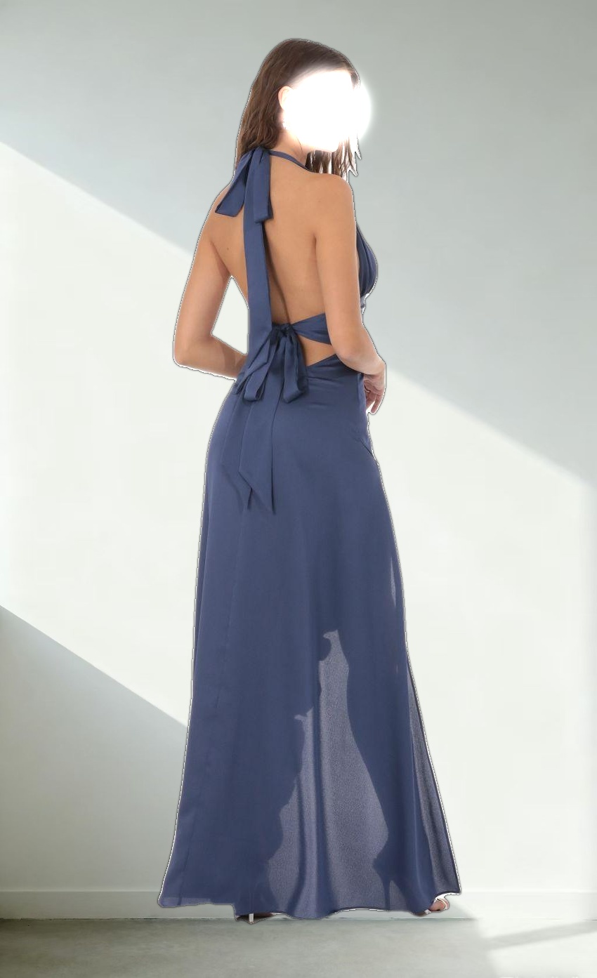 Satin Halter Ruffle Slit Dress in Blue
