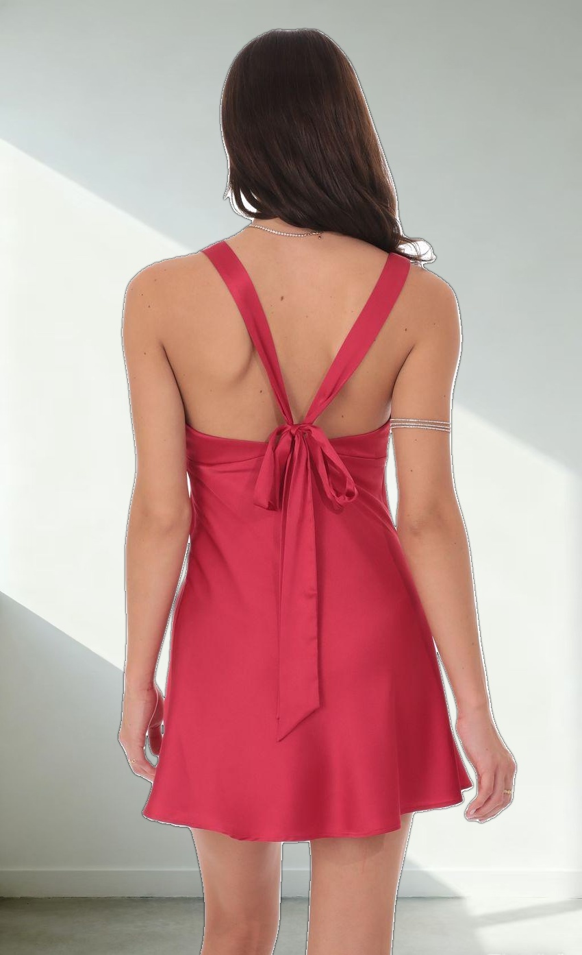 Satin V-Neck Open back Dress in Red