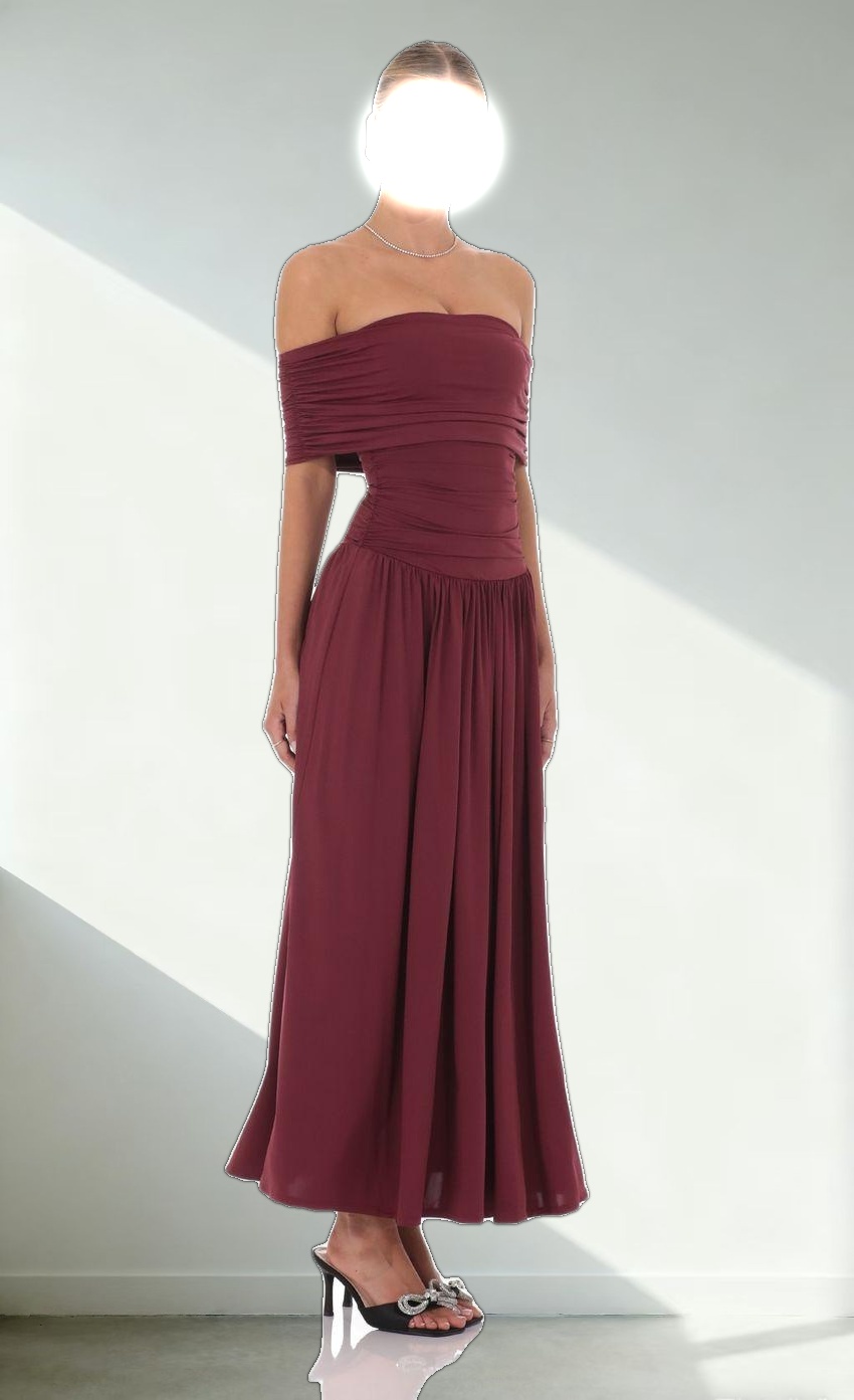 Off Shoulder Drop Waist Maxi Dress in Burgundy