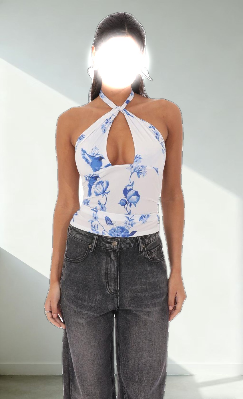 Floral Cross Neck Halter Top in White