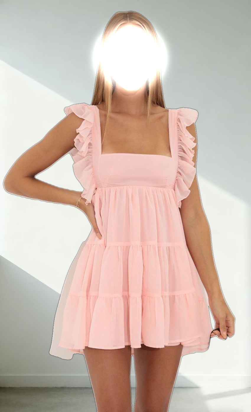 Chiffon Baby Doll Ruffle Dress in Pink