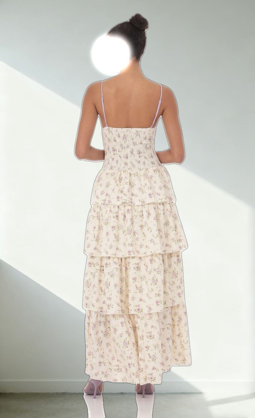 Floral Cutout Ruffle Maxi Dress in Cream