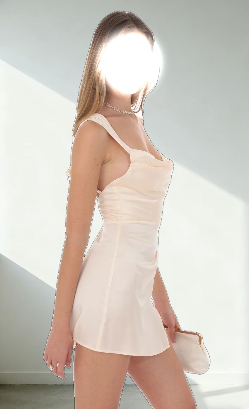 Cowl Neck Satin Slit Dress in Cream
