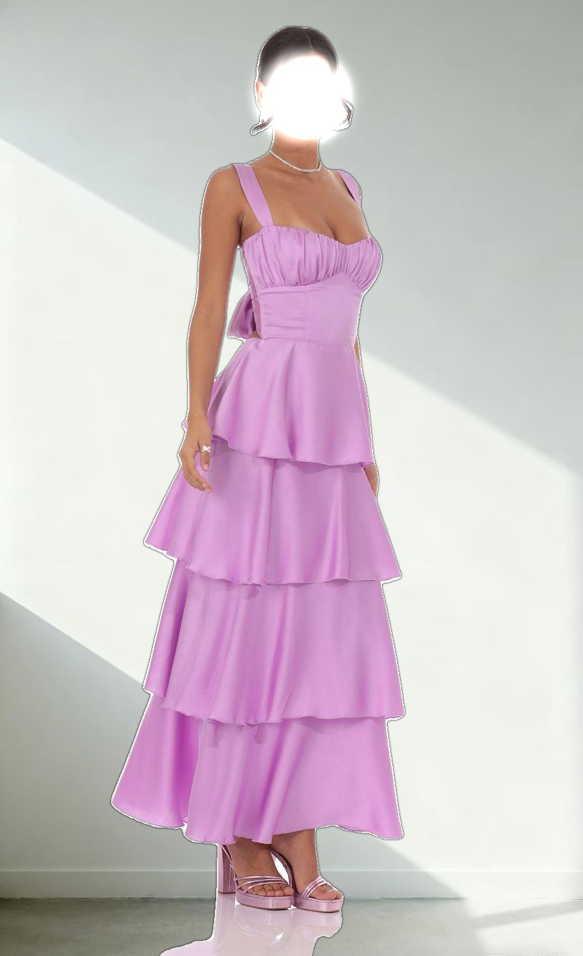 Satin Ruffle Maxi Dress in Lilac