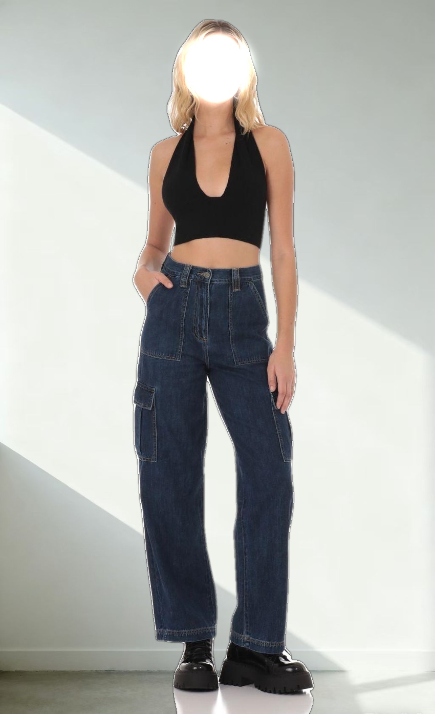 Wide Leg Cargo Jeans in Dark Denim