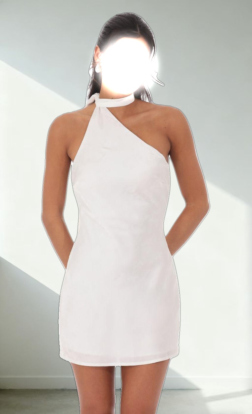 Satin Jacquard Scarf Halter Dress in White