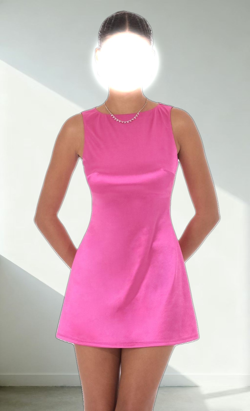 High Neck Satin Dress In Deep Pink