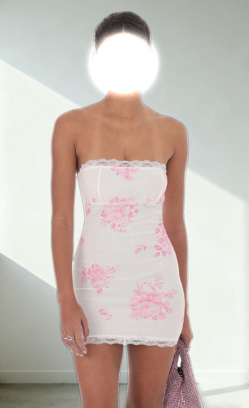 Mesh Floral Lace Strapless Bodycon Dress in White