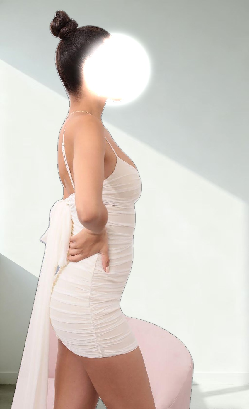 Cutout Ruched Mesh Dress in White