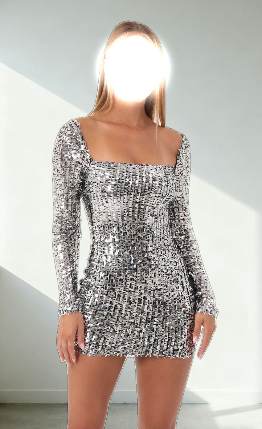 Sequin Mesh Long Sleeve Dress in Silver