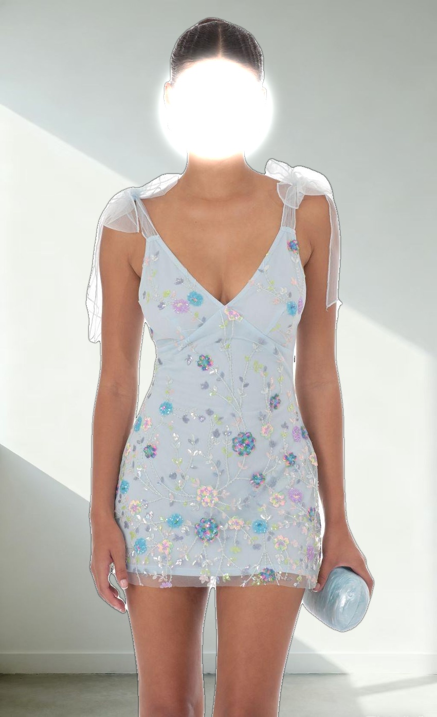 Floral Sequin V-Neck Dress in Blue