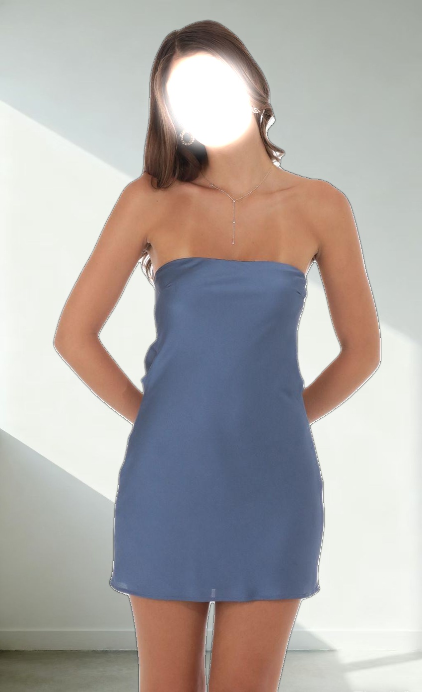 Satin Pearl Open Back Dress in Slate Blue