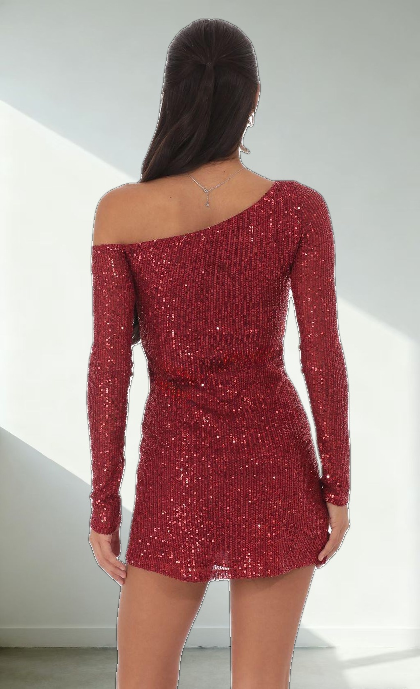 Sequin One Off Shoulder Bodycon Dress in Red