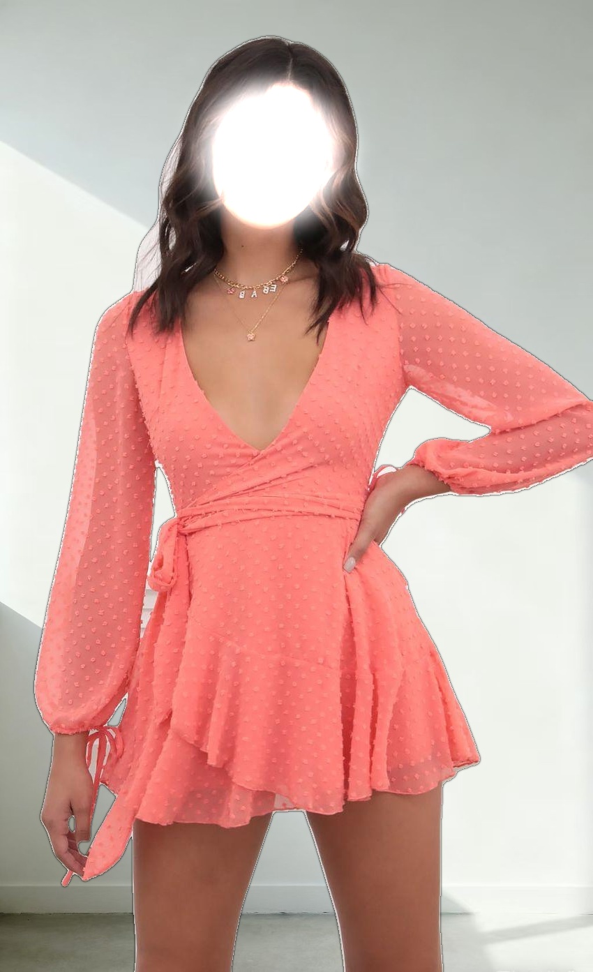 Dotted Long Sleeve Wrap Dress in Coral