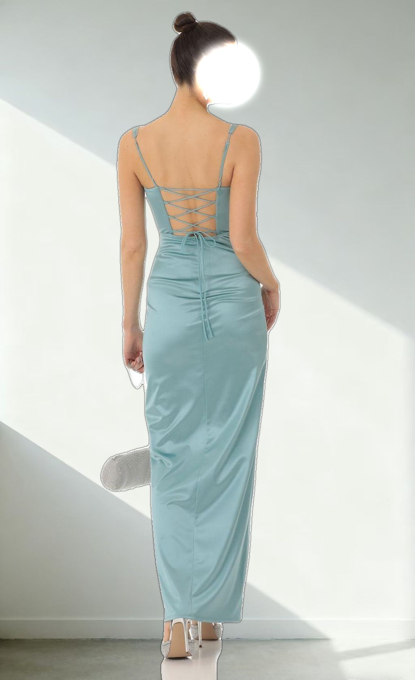 Satin Rhinestone Maxi Dress in Teal