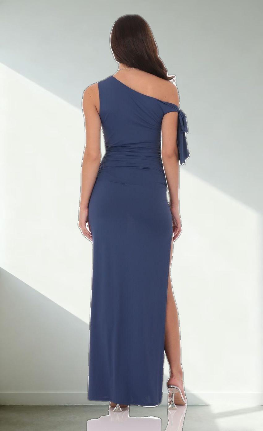 Off Shoulder Tie Strap Maxi Dress in Blue
