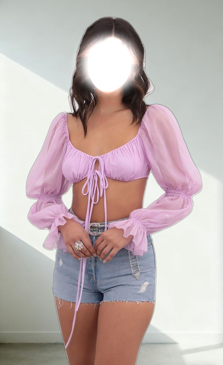 Puff Sleeve Front Tie Crop In Lilac