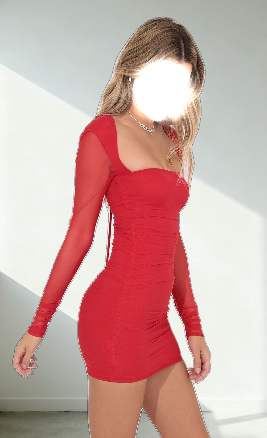 Long Sleeve Bodycon in Red Mesh