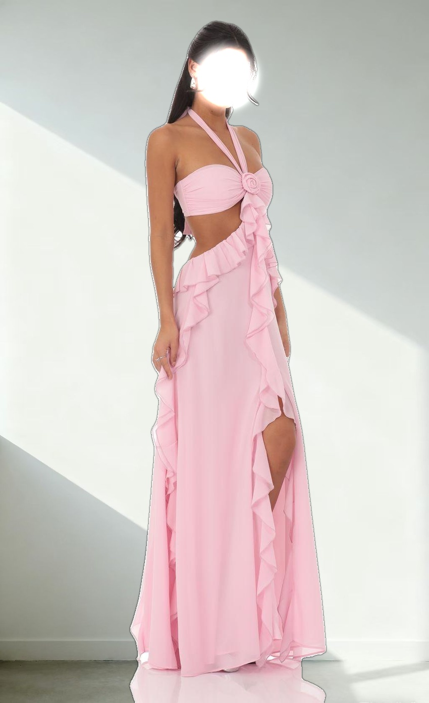 Chiffon Cutout Ruffle Maxi Dress in Pink