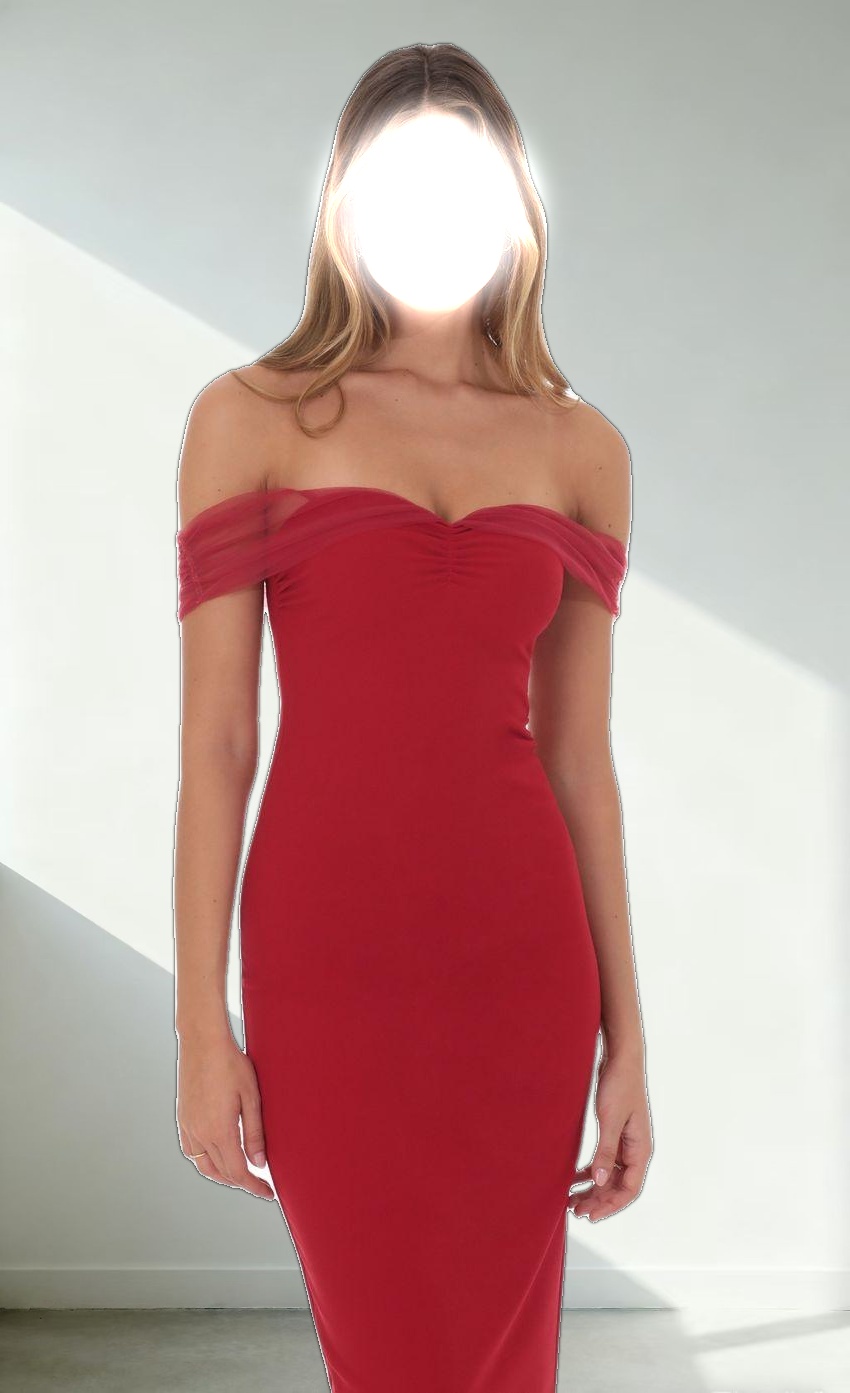 Tulle Off Shoulder Sleeve Maxi Dress in Red