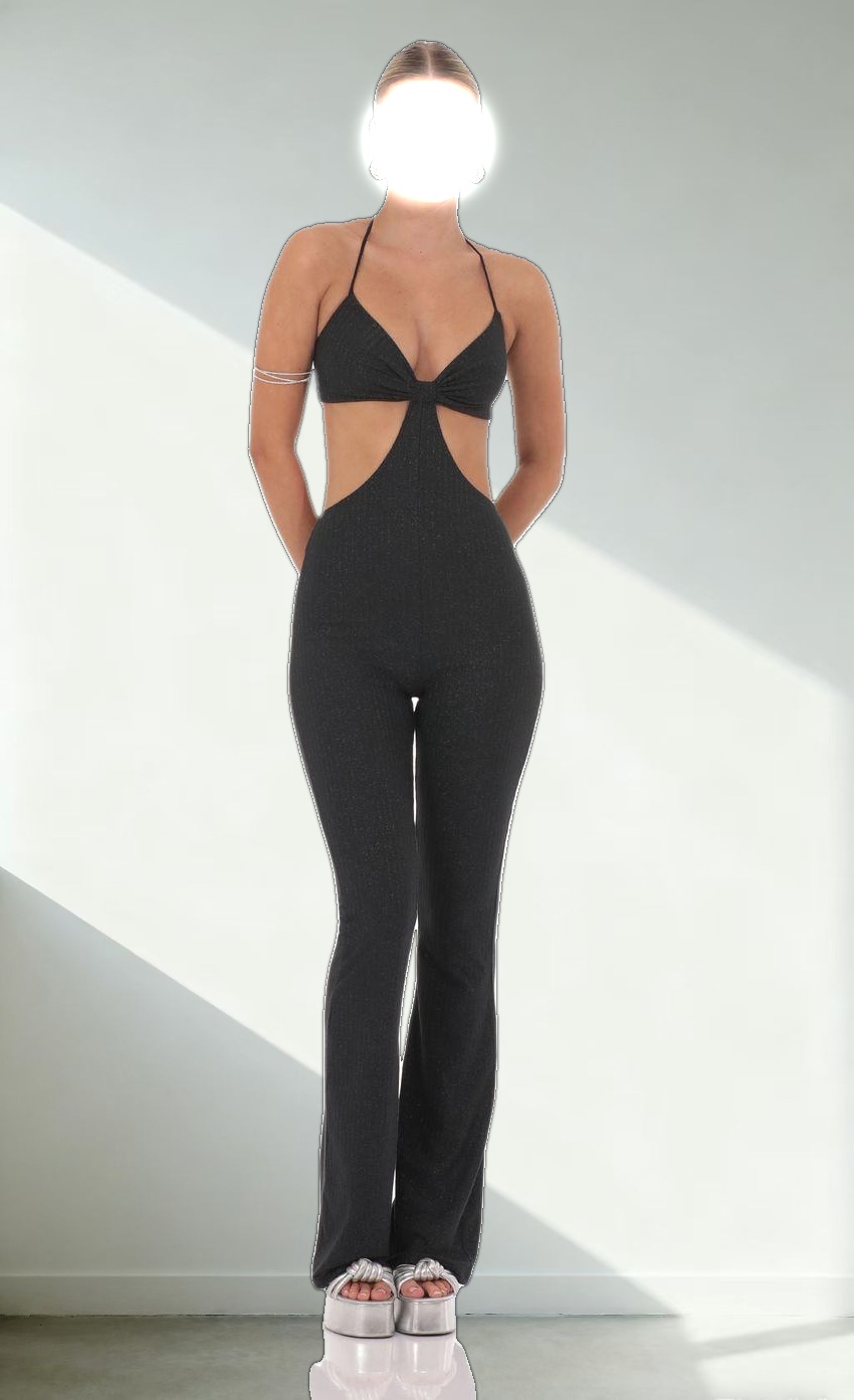 Shimmer Ribbed Cutout Jumpsuit in Black