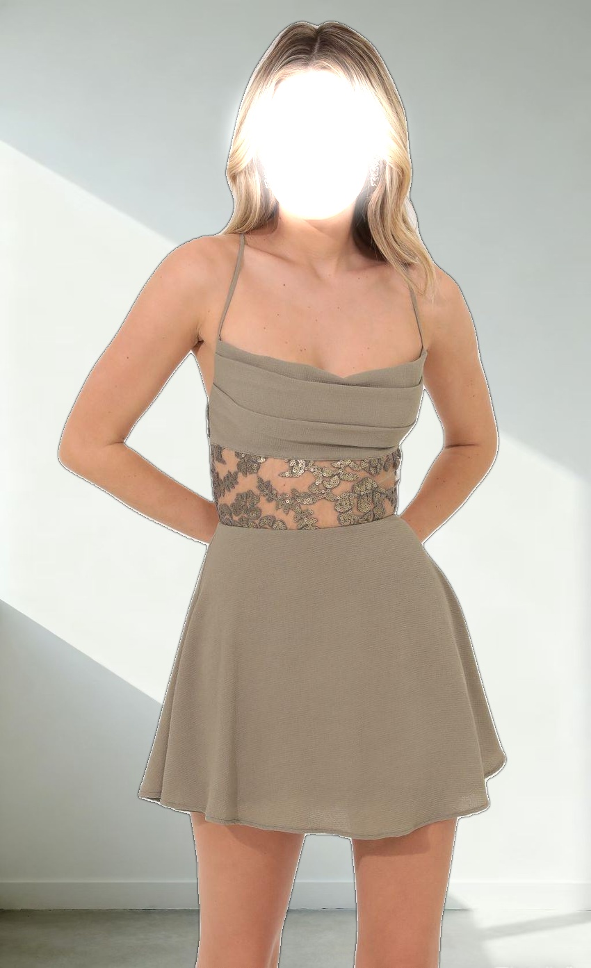 Embroidered Cutout Dress in Taupe
