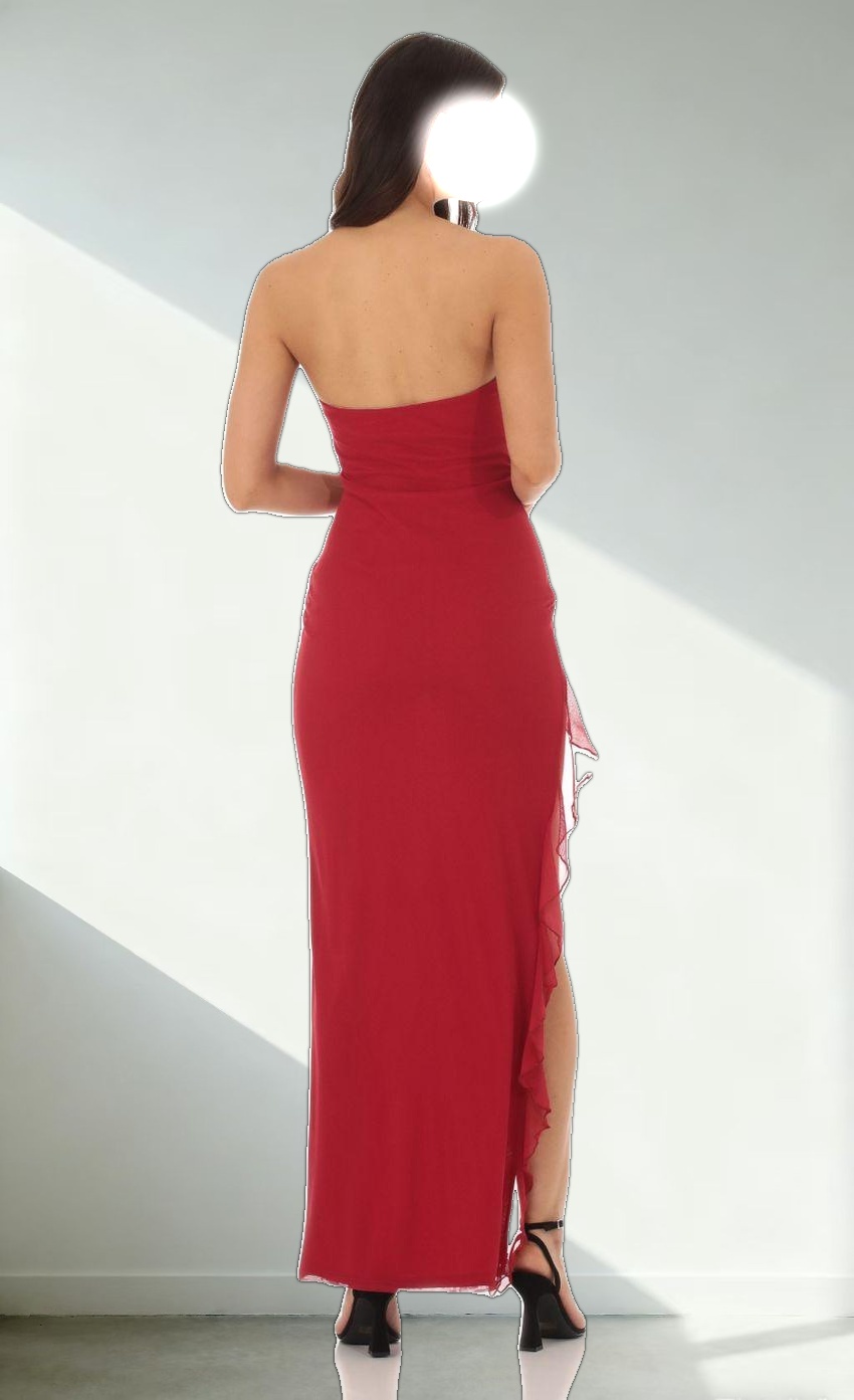 Akiko Mesh Ruffle Slit Dress in Red