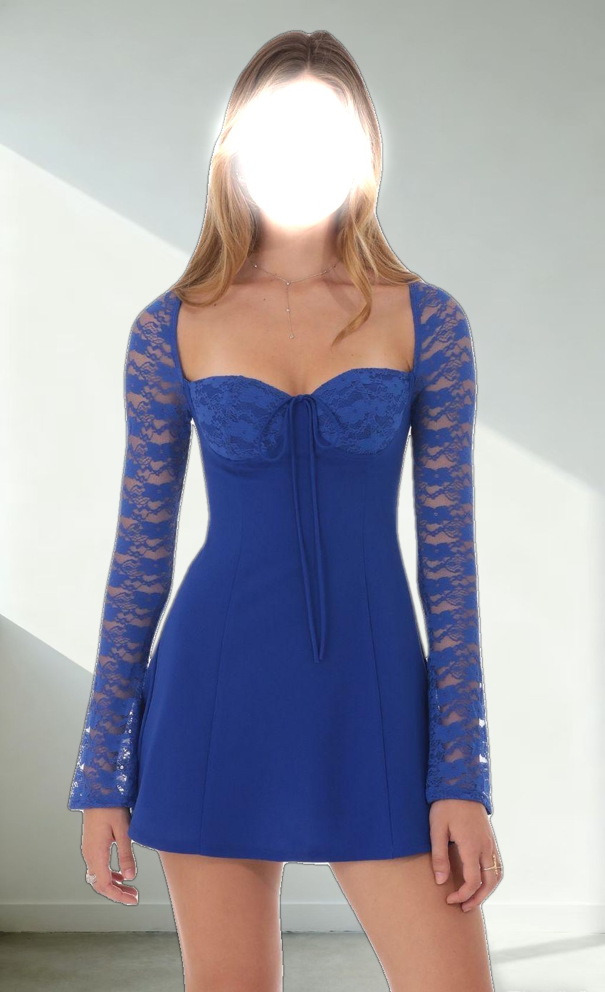 Lace Sleeve Fit and Flare Dress in Blue
