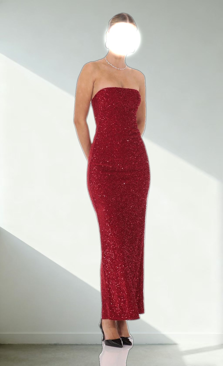 Velvet Sequin Strapless Maxi Dress in Red