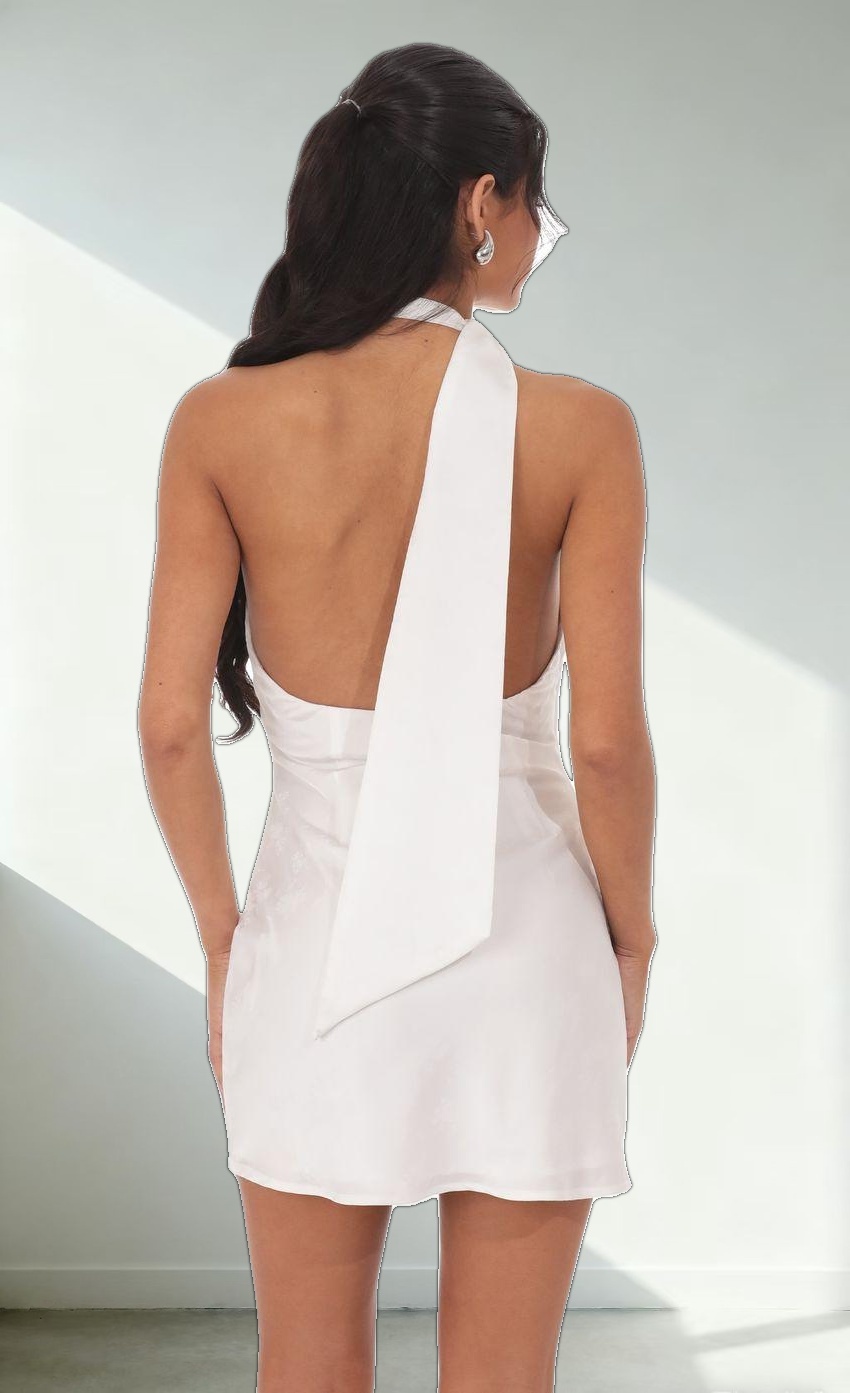 Satin Jacquard Scarf Halter Dress in White