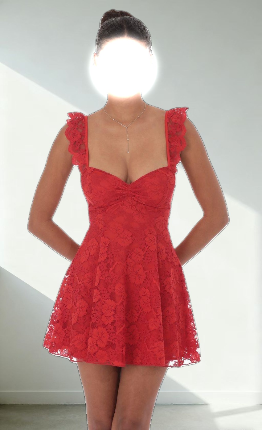 Floral Lace Fit and Flare Dress in Red