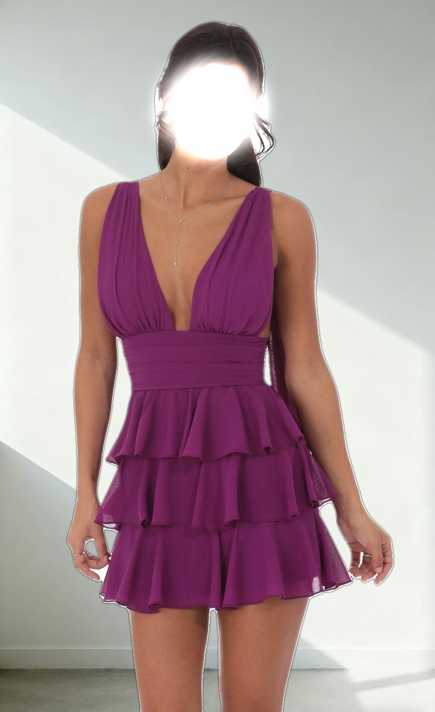 Plunge Neck Ruffle Dress in Purple