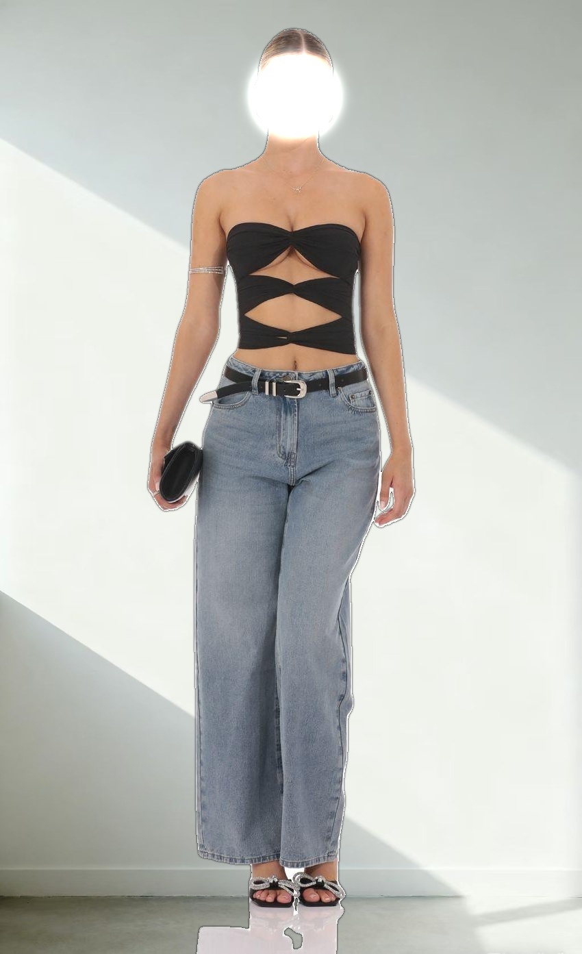 Mesh Cutout Strapless Top in Black