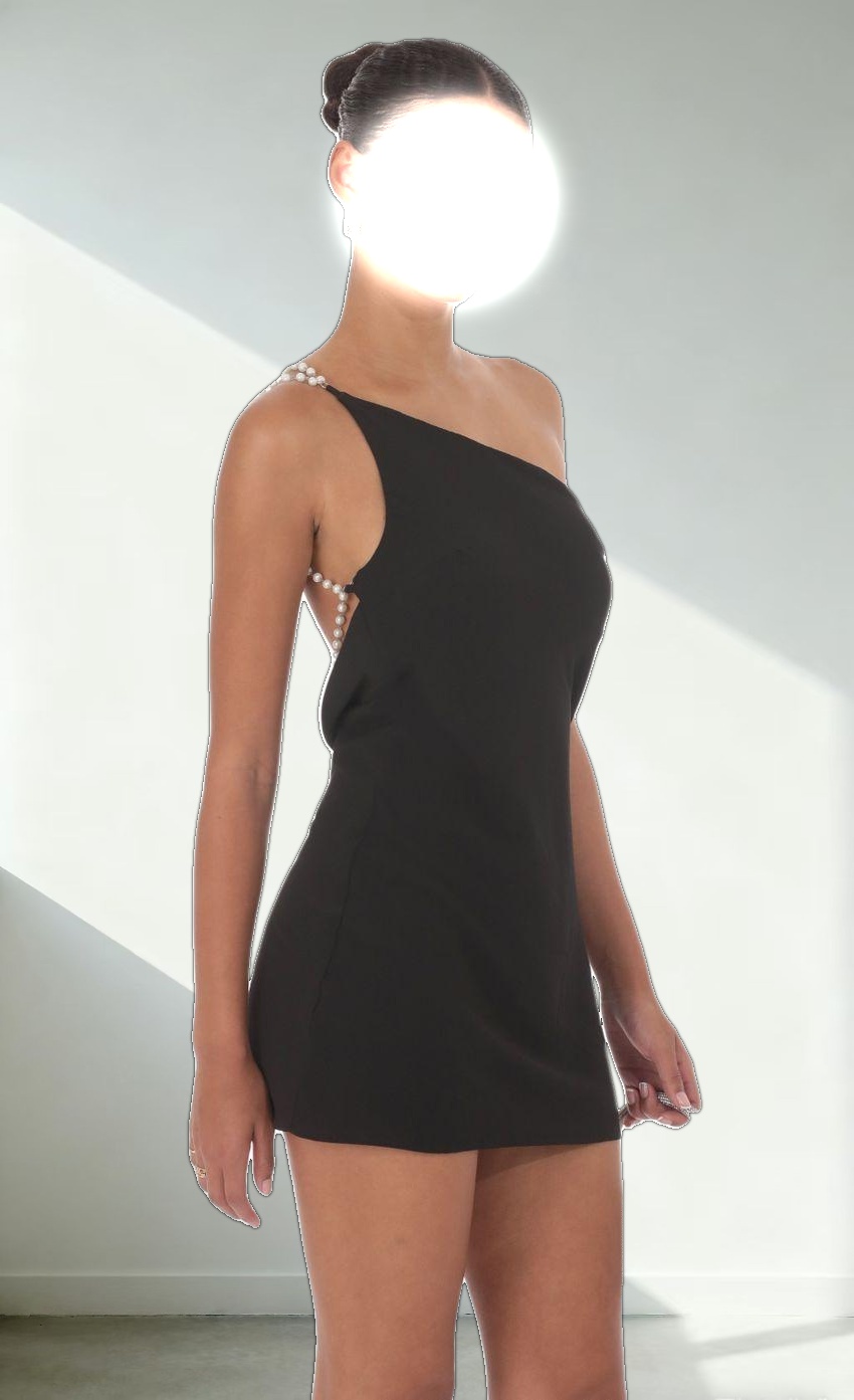 Pearl One Shoulder Satin Dress in Black