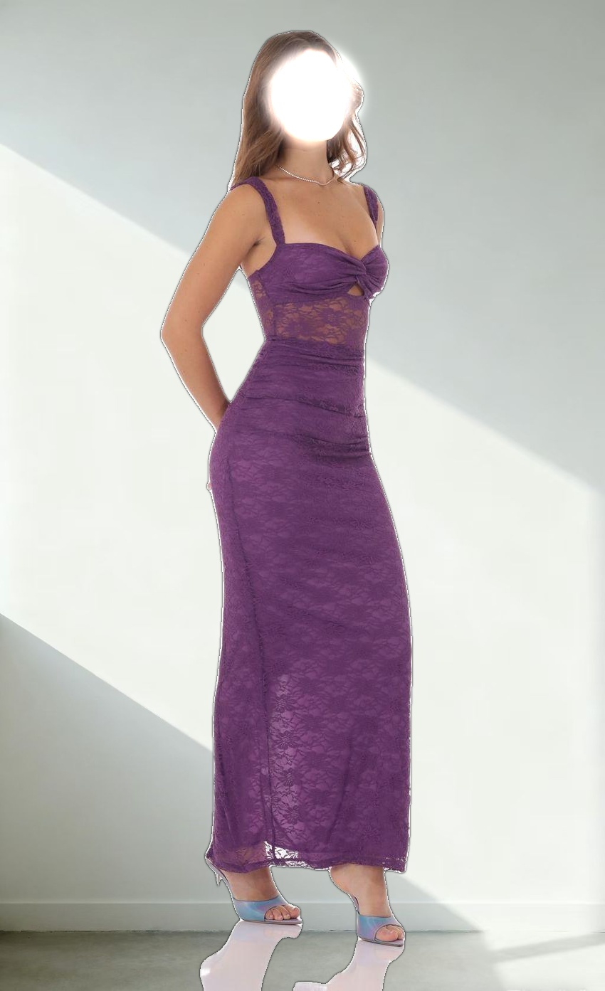 Lace Twist Ruched Maxi Dress in Purple