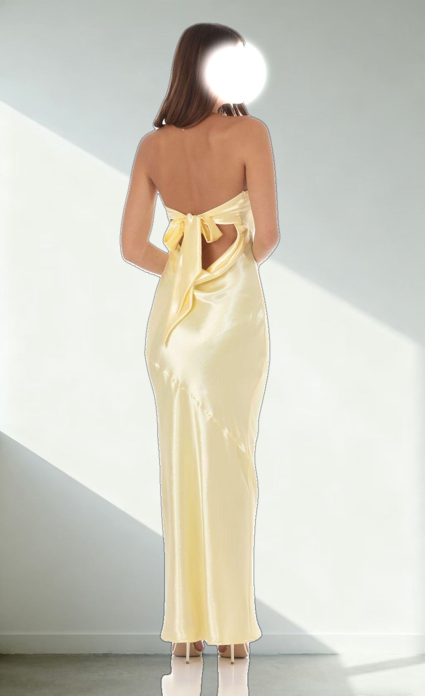 Strapless Satin Open Back Maxi Dress in Yellow