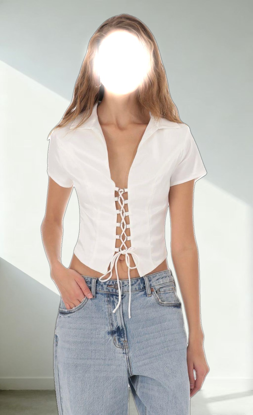 Collared Lace-Up Top in White
