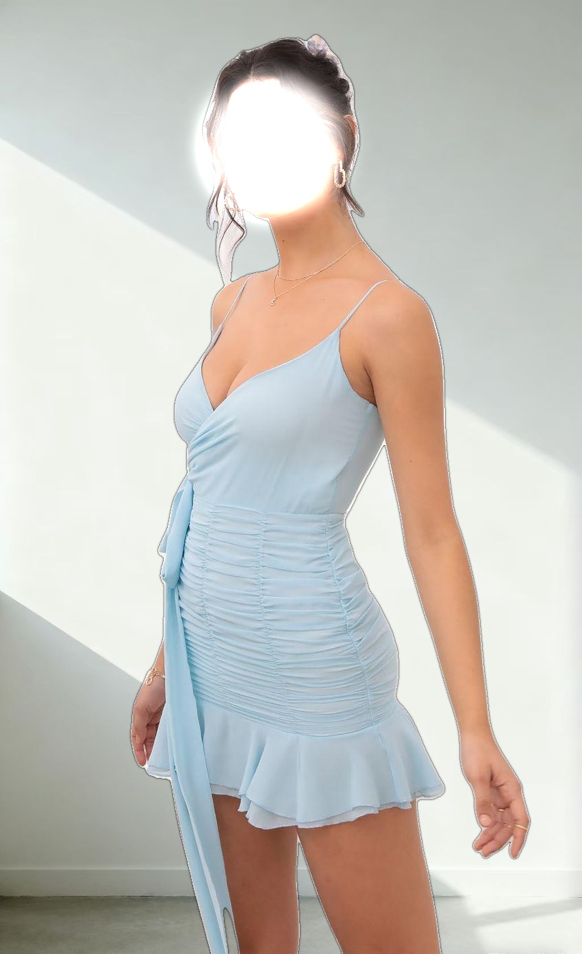 Ruched and Ruffled Dress in Blue