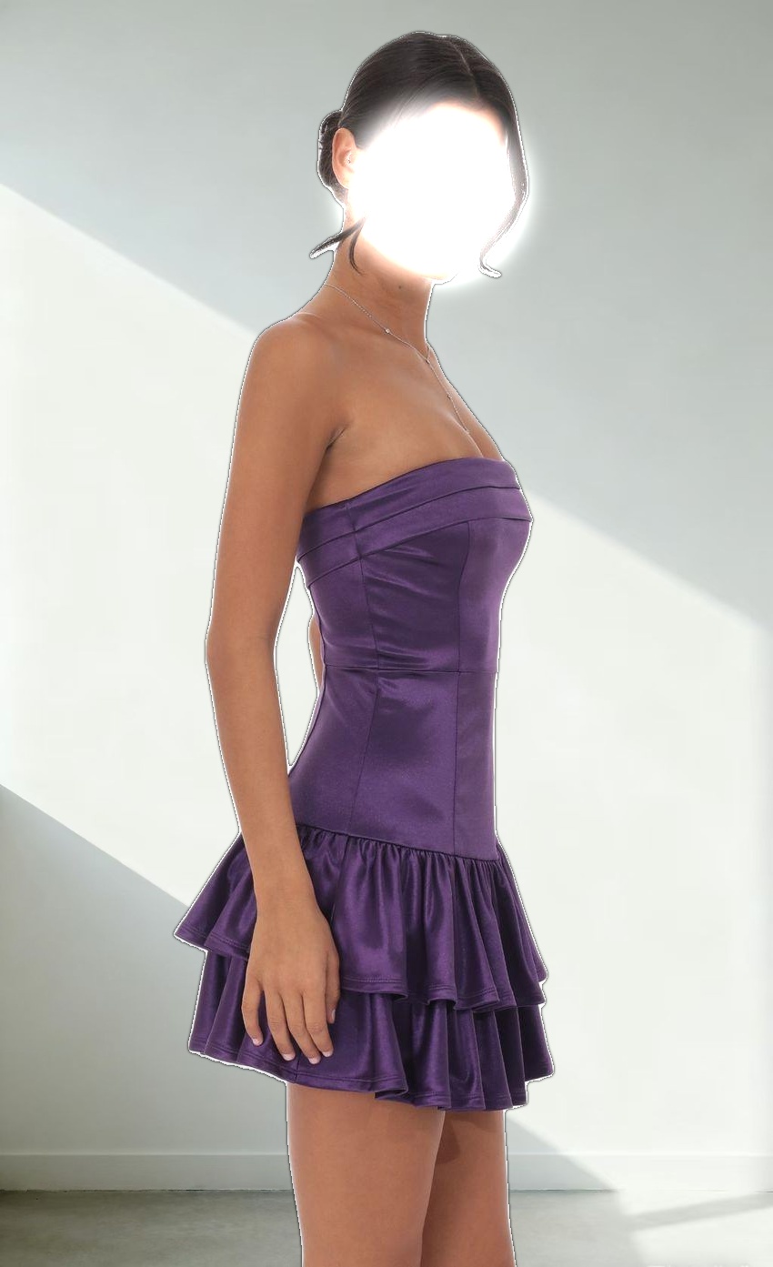 Satin Strapless Ruffle Dress in Purple