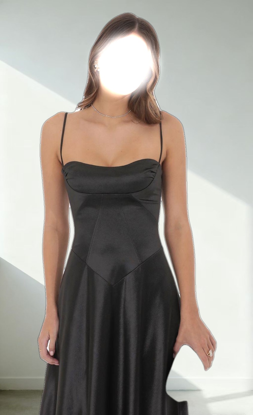 Satin Square Neck Maxi Dress in Black