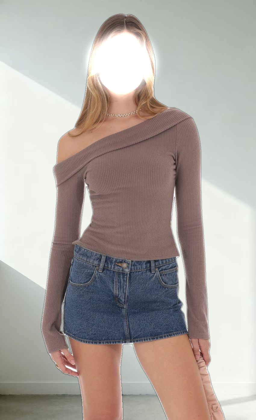 Ribbed Off Shoulder Top in Taupe